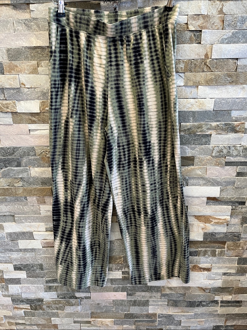 Women's Velvet Wide-Leg Joggers in Green & Black Tie-Dye